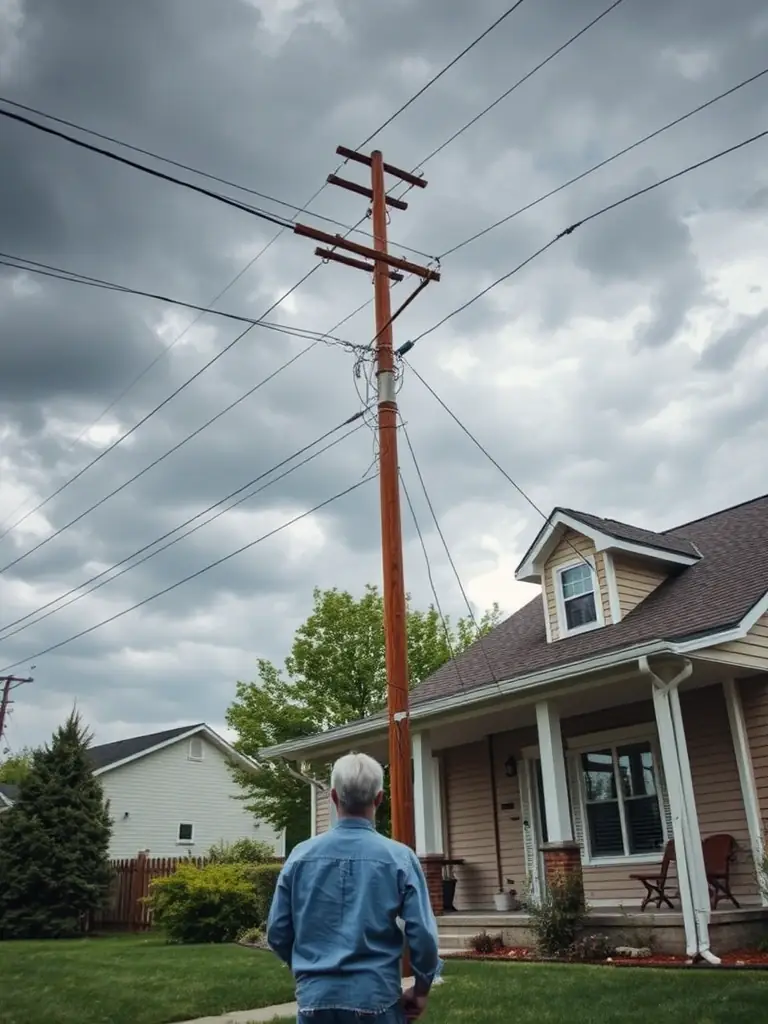 A homeowner standing in front of their house, looking concerned at a leaning private power pole. The sky is overcast, suggesting a potential storm.