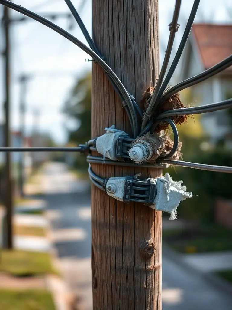 A close-up shot of a damaged private power pole with exposed wiring. The image is slightly blurred to emphasize the danger.