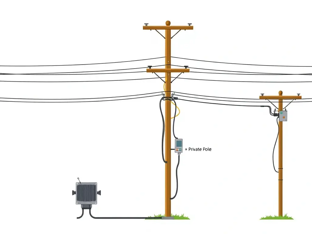A diagram illustrating the flow of electricity from the main power grid to a private property through a private power pole. The diagram should show the connection points, transformers, and wiring, with labels indicating the different voltage levels and components.