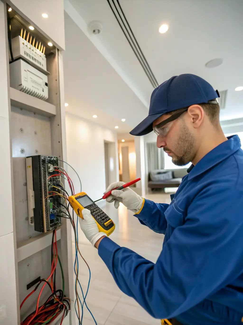 A renovator inspecting electrical wiring and a service pillar during a home renovation project. They are using a multimeter.