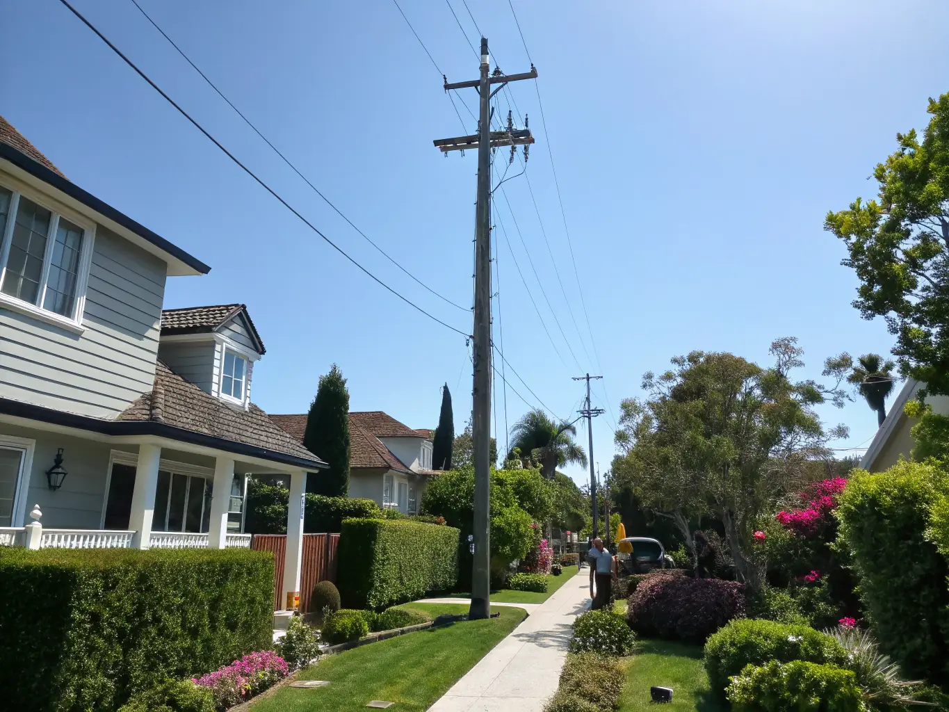 A photograph illustrating common issues with private power poles, such as leaning poles, cracked insulators, or corroded wires. The image should convey a sense of urgency and the need for professional inspection and repair.