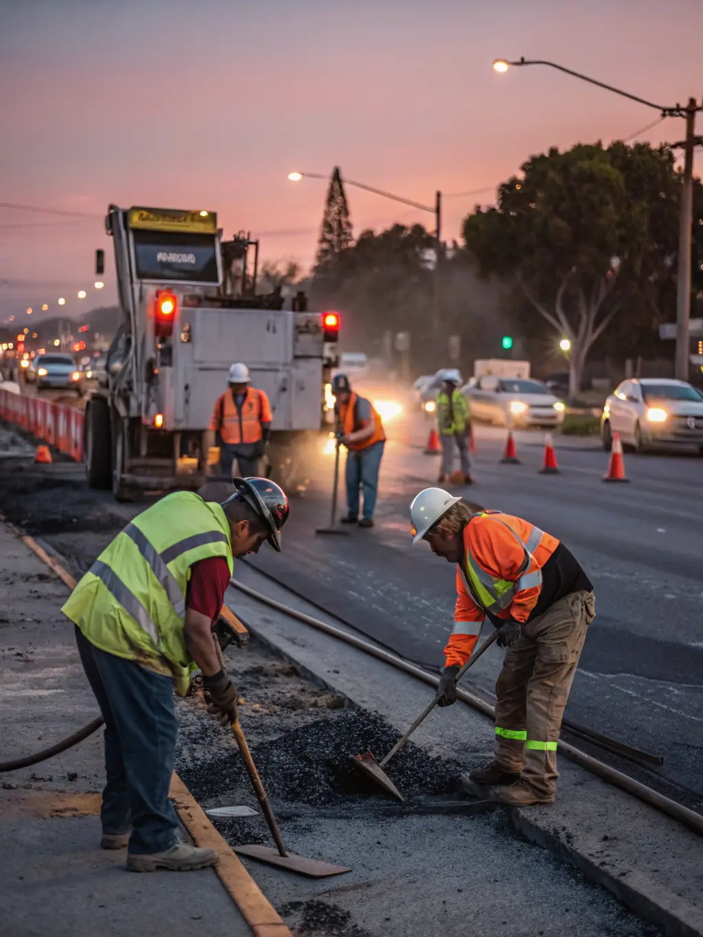 A construction site with builders working near a private power pole. Safety cones and caution tape are visible.